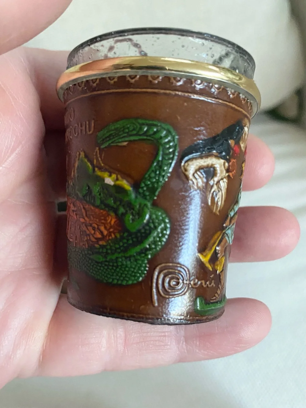 VTG INKAS PERU Handcrafted Leather Wrapped Shot Glasses Souvenir Set of 3 in Box